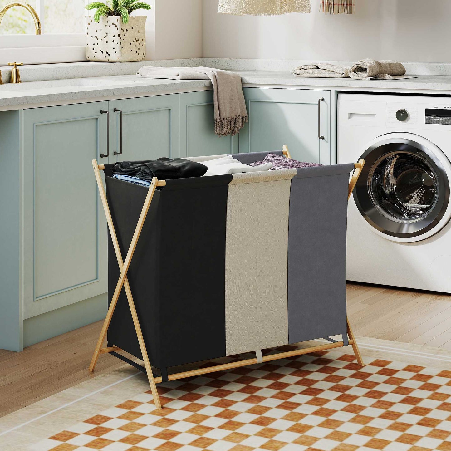 Laundry Hamper with 3 Compartments, 129L, Foldable, Bamboo Frame