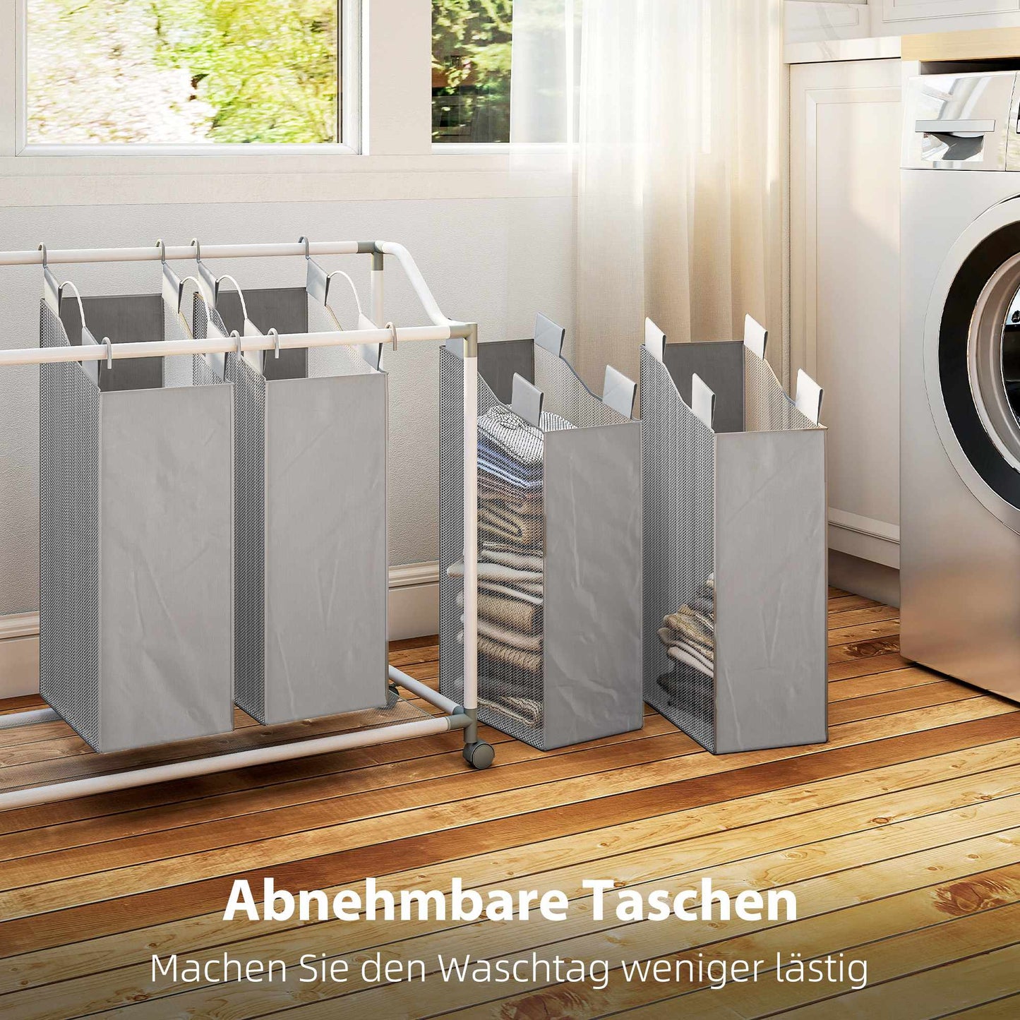 Laundry Hamper with 4 Removable Bags, 160L, Wheels, Grey
