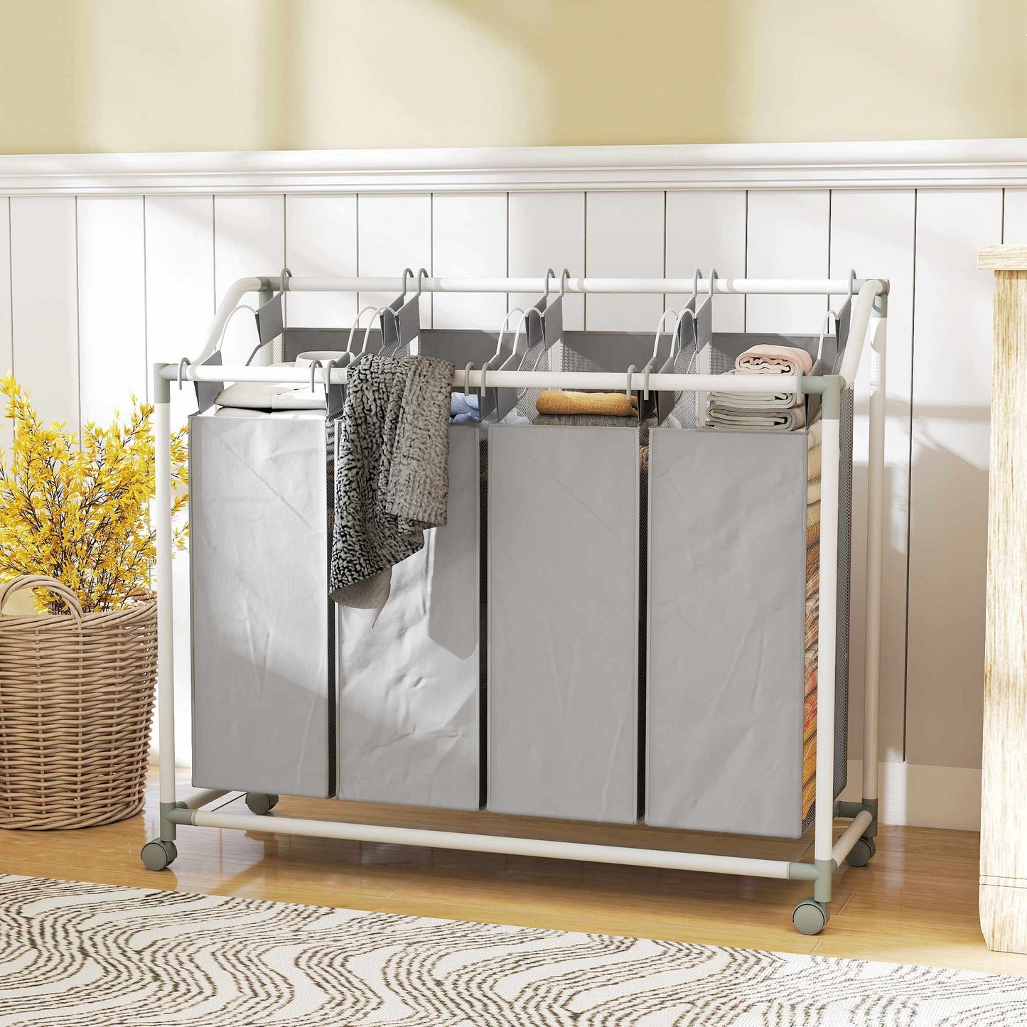Laundry Hamper with 4 Removable Bags, 160L, Wheels, Grey