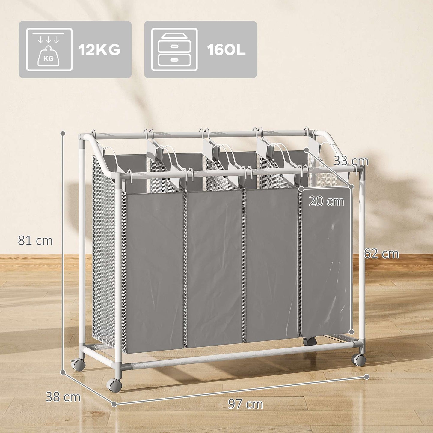 Laundry Hamper with 4 Removable Bags, 160L, Wheels, Grey