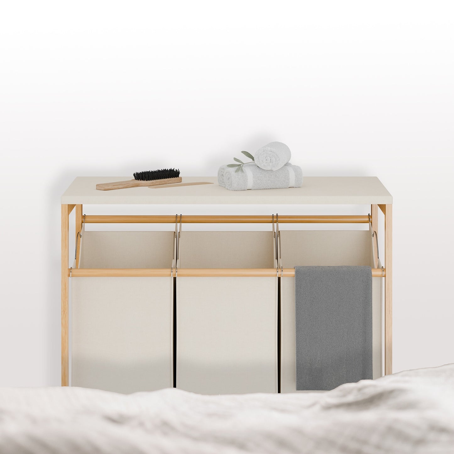 Laundry Rack with 3 Removable Bags, Bamboo Shelf