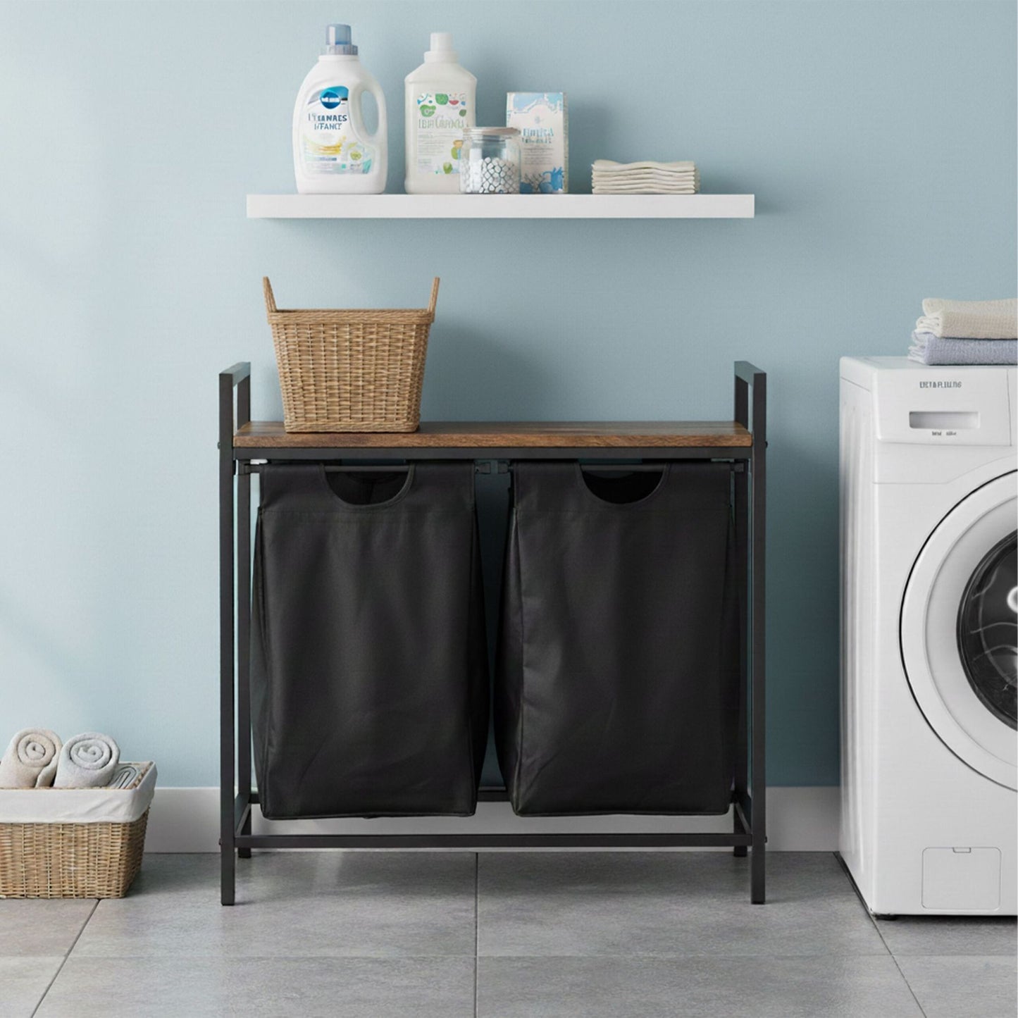 Laundry Sorter with 2 Removable Bags and Shelf