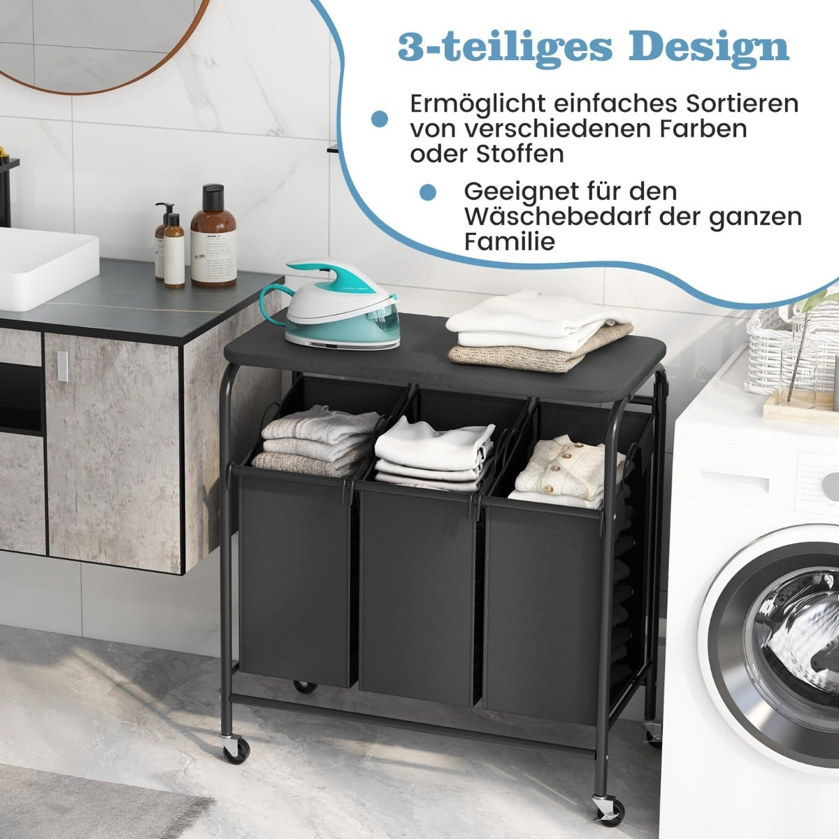 Laundry Sorter with Ironing Board, 3 Bags, Wheels