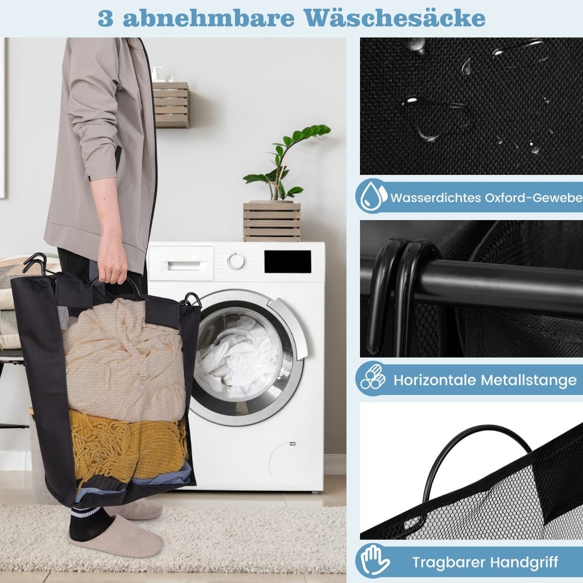 Laundry Sorter with Ironing Board, 3 Bags, Wheels