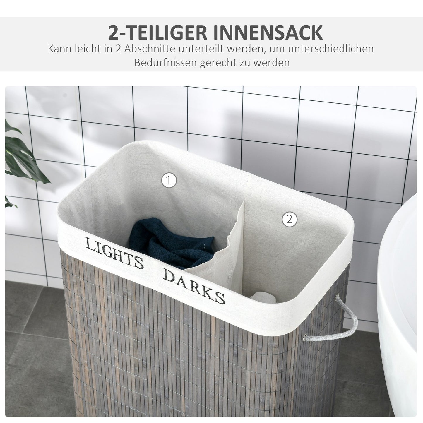 Bamboo laundry basket, 100L, double compartments, foldable lid