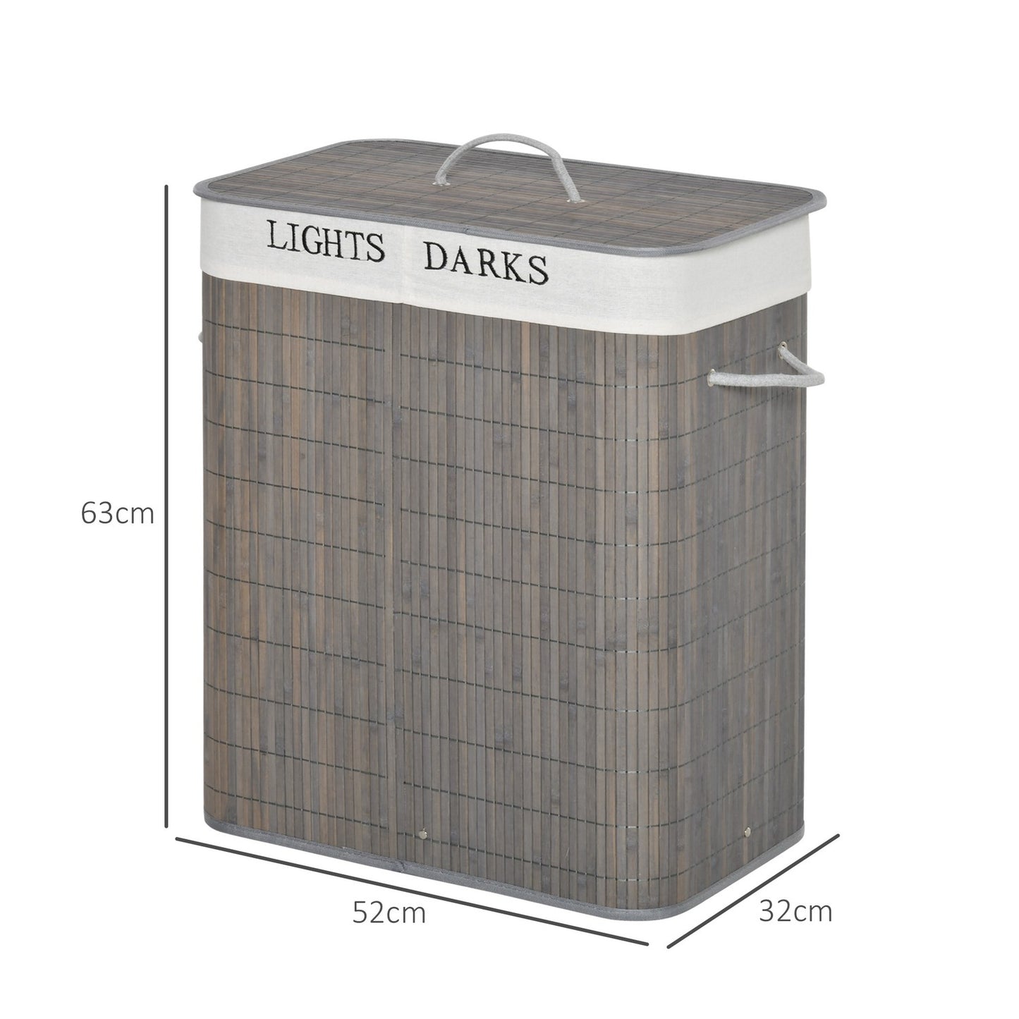 Bamboo laundry basket, 100L, double compartments, foldable lid