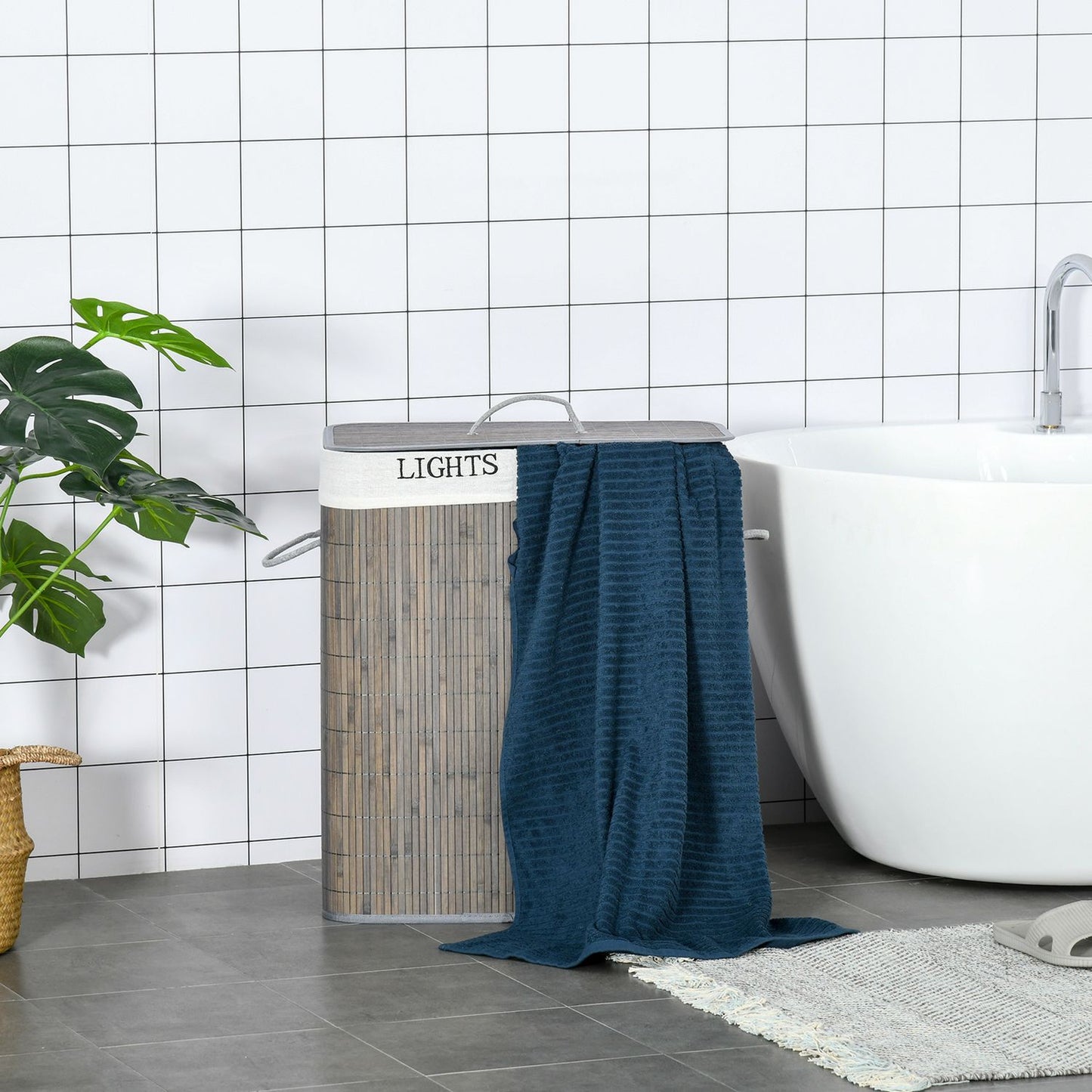Bamboo laundry basket, 100L, double compartments, foldable lid