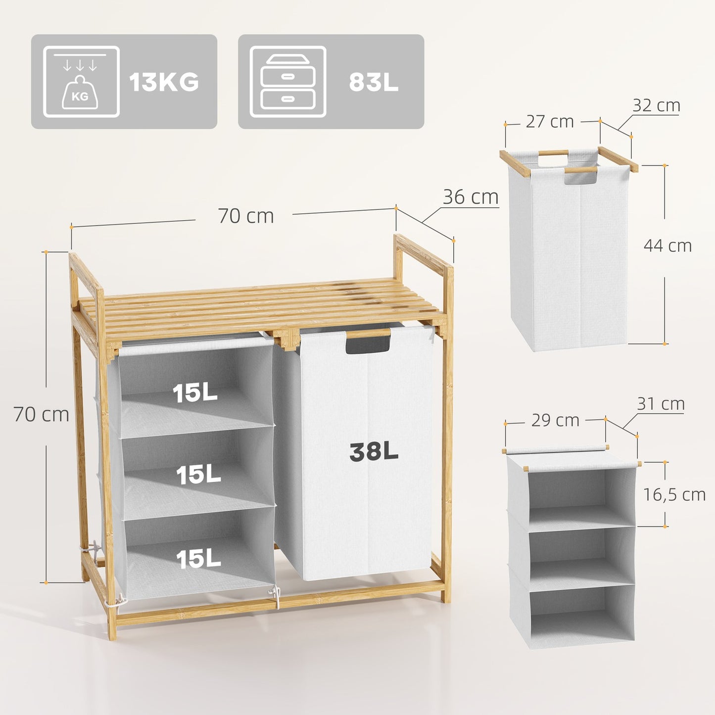 Bamboo laundry basket sorter - 4 compartments, removable bags
