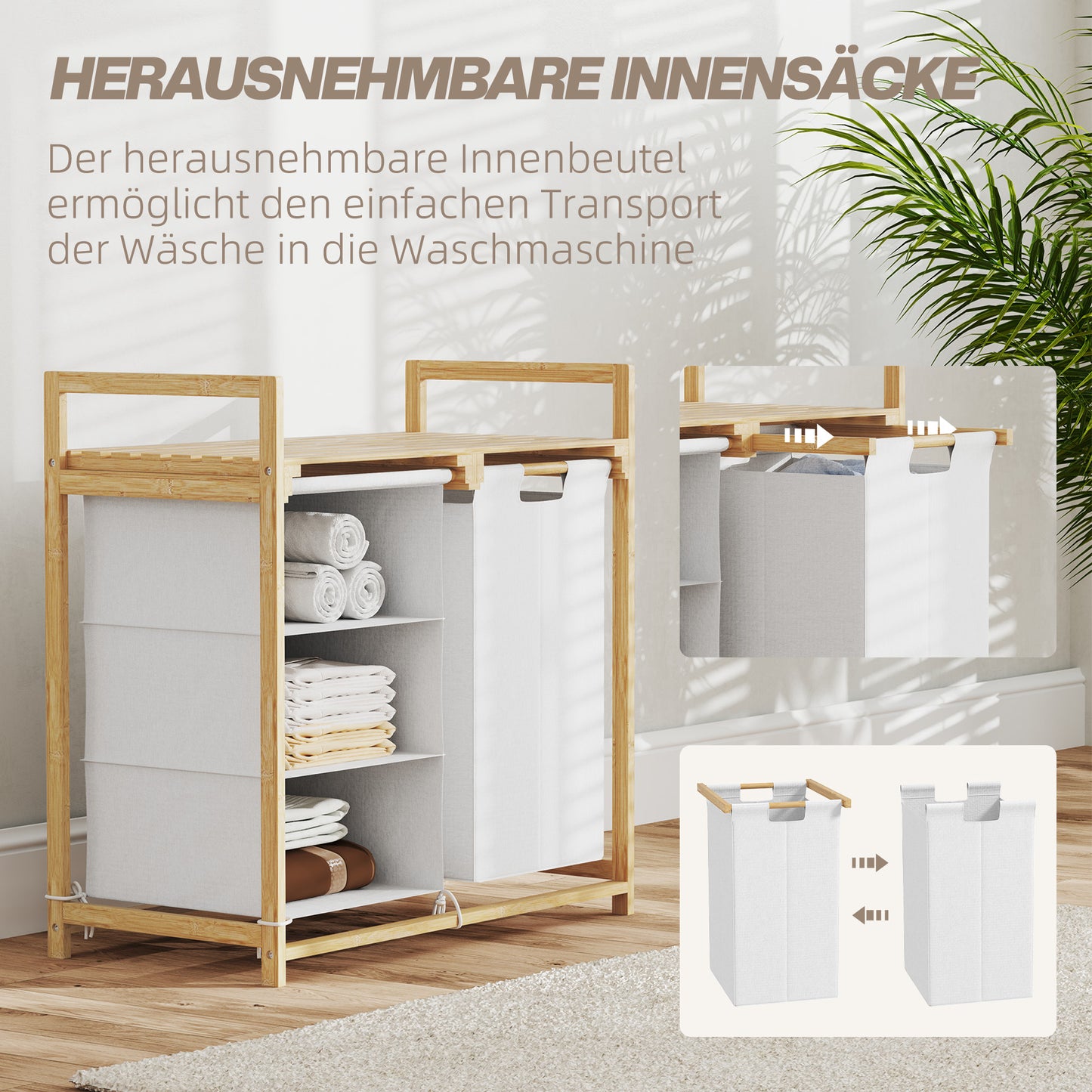 Bamboo laundry basket sorter - 4 compartments, removable bags