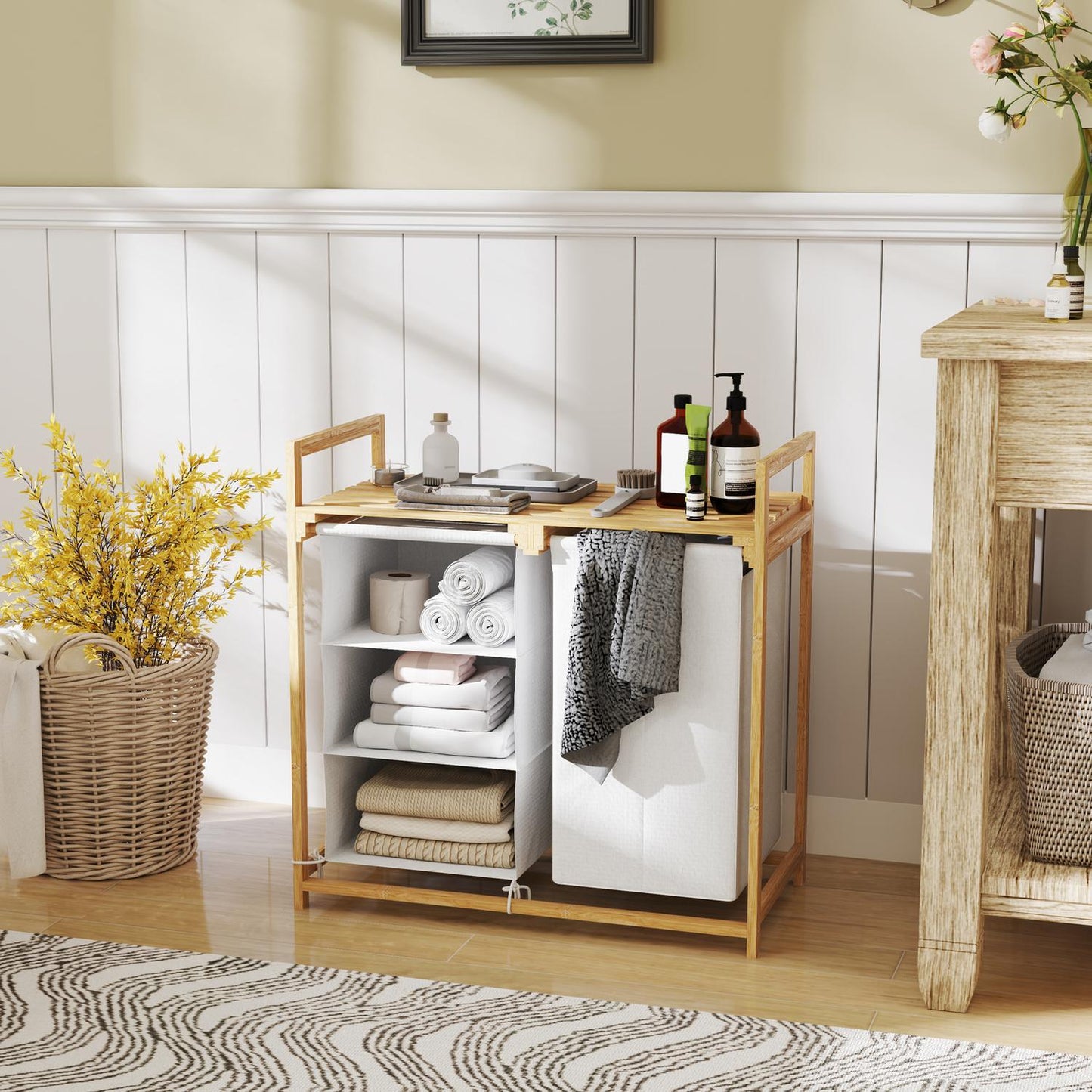 Bamboo laundry basket sorter - 4 compartments, removable bags