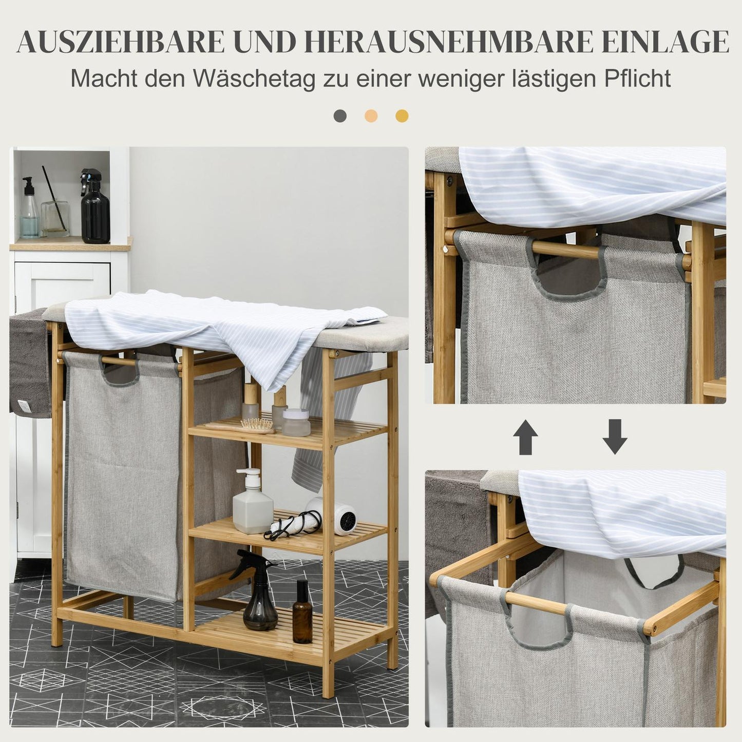 Extendable 57.4L laundry basket with ironing board and 3-level storage