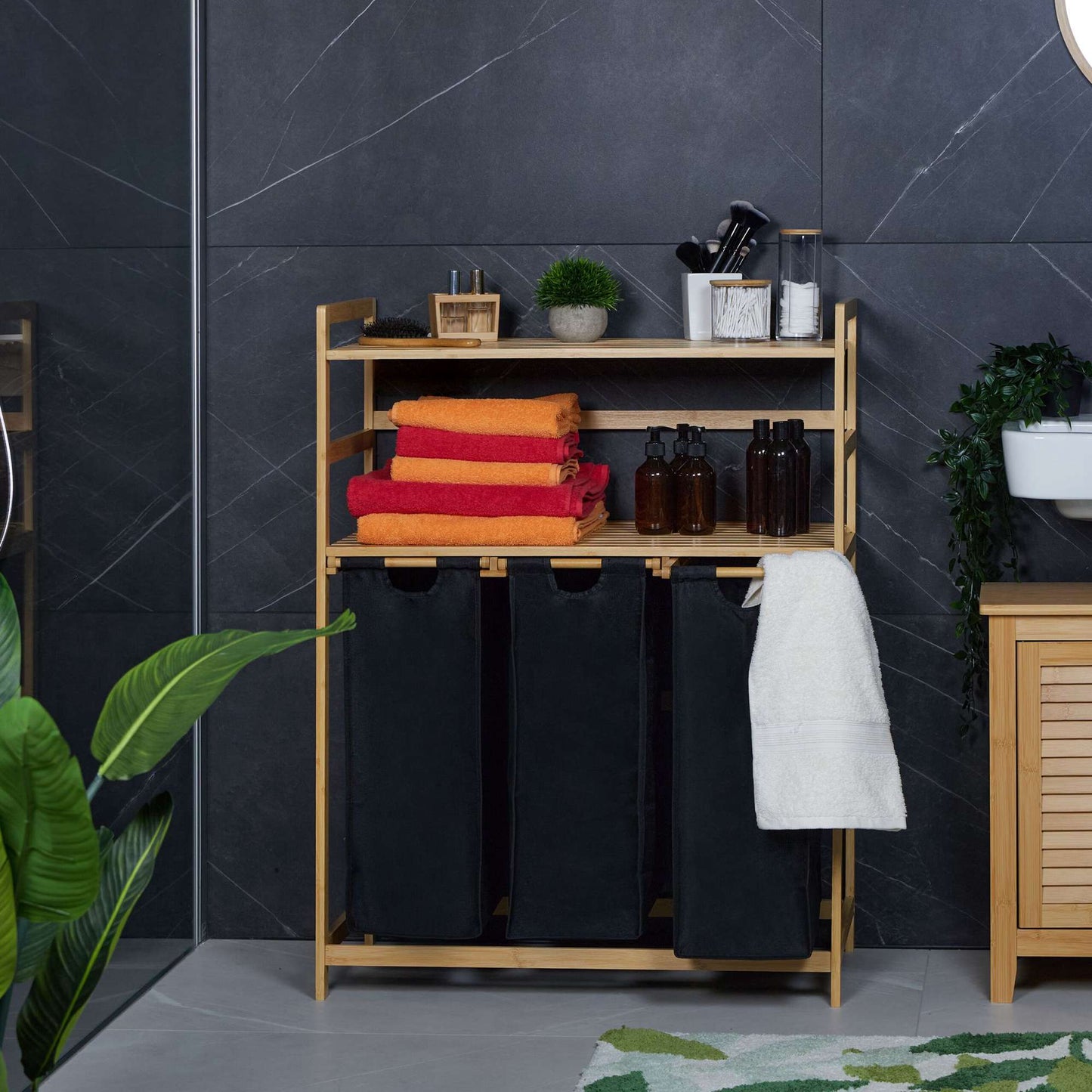 Laundry basket stand with 2 shelves
