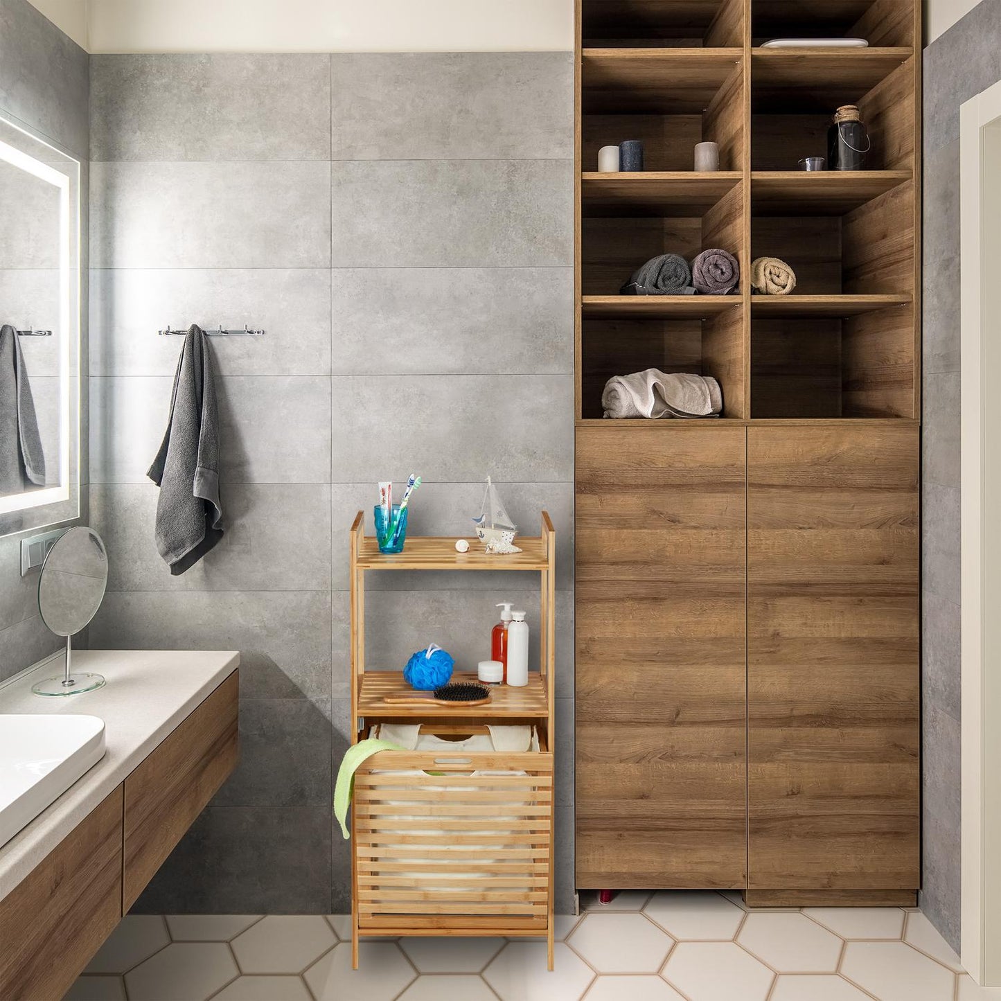 Laundry basket with bamboo shelf