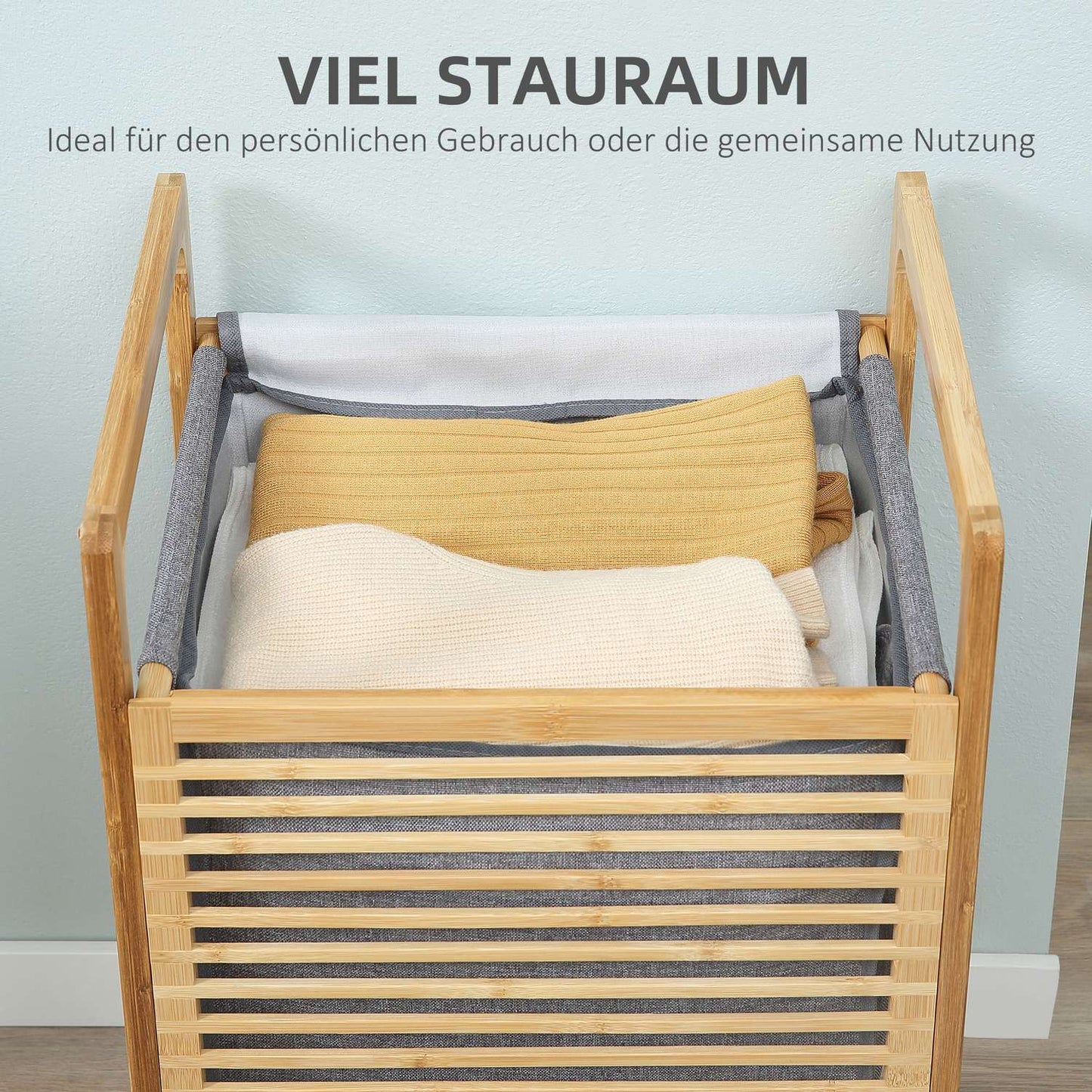 Bamboo laundry basket with lid and washable bag, 40x35x60.5 cm