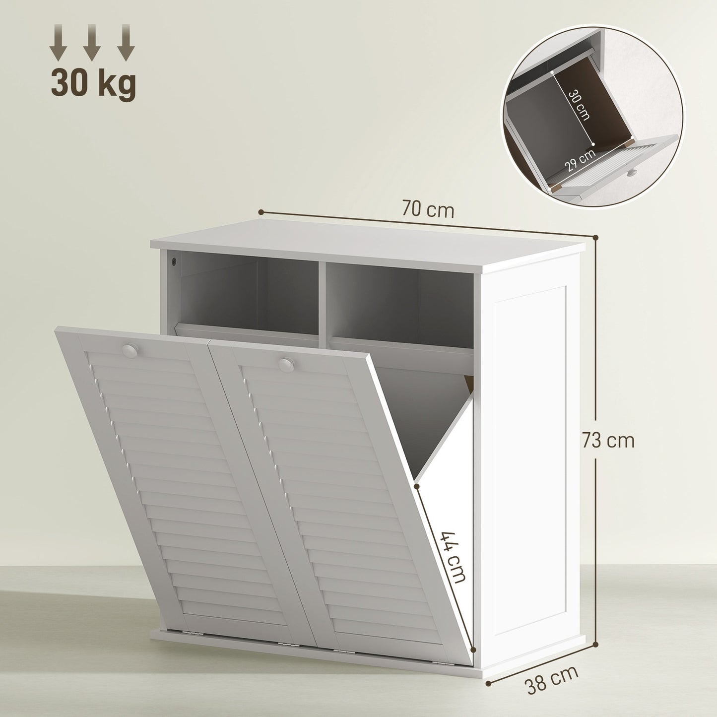 Bathroom laundry cabinet with double baskets, white 70x38x73 cm