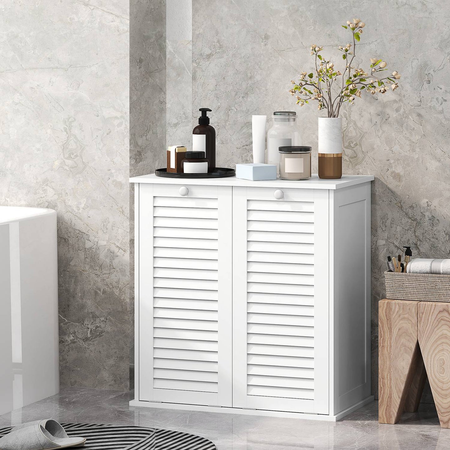 Bathroom laundry cabinet with double baskets, white 70x38x73 cm
