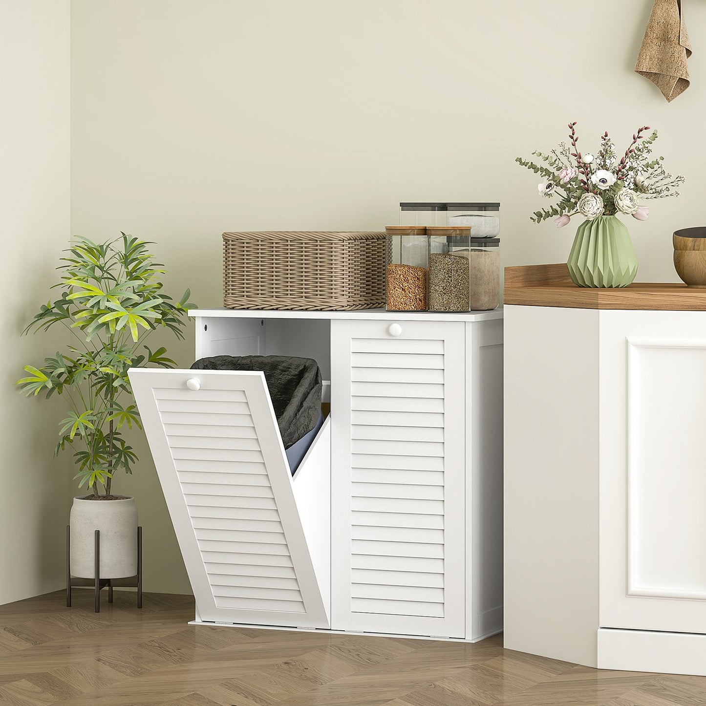 Bathroom laundry cabinet with double baskets, white 70x38x73 cm