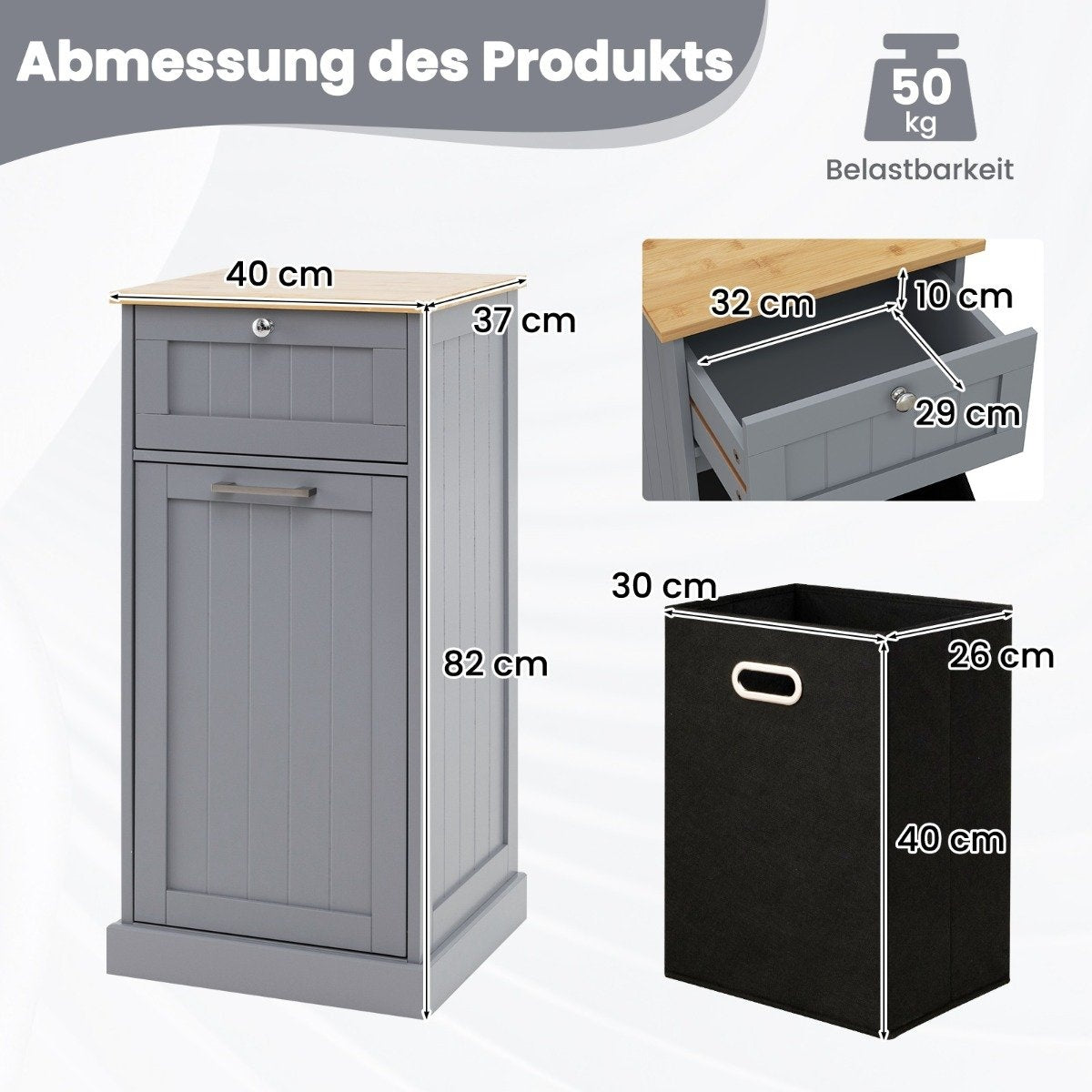 Laundry cabinet with laundry basket & drawer & bamboo table top laundry collector grey