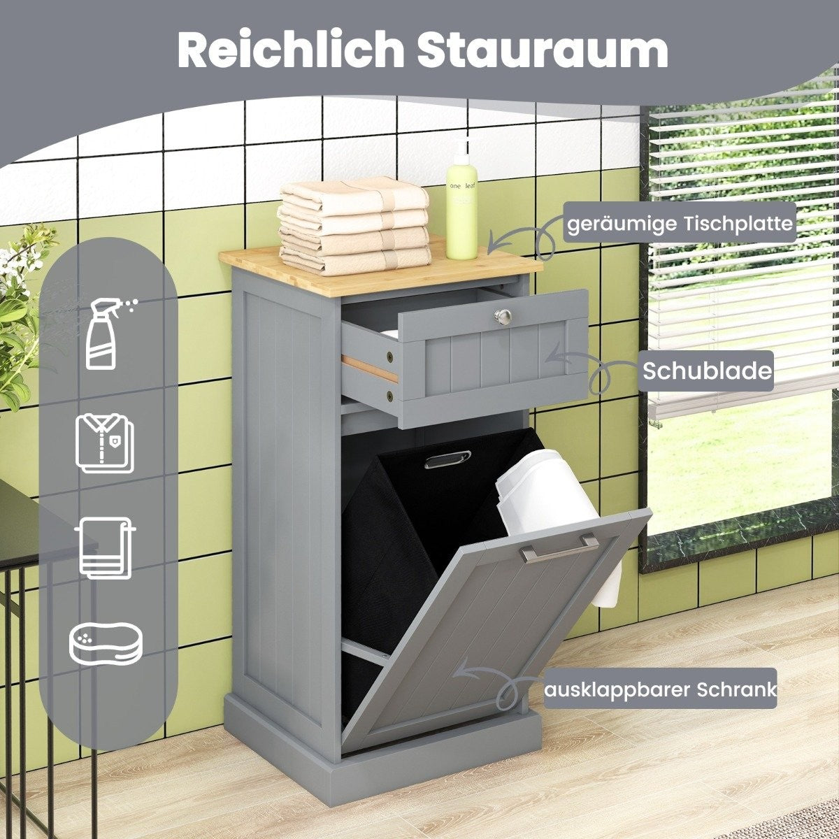 Laundry cabinet with laundry basket & drawer & bamboo table top laundry collector grey
