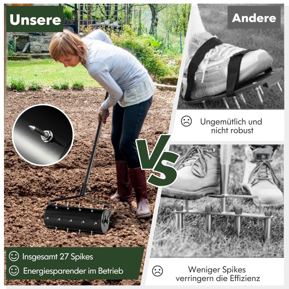 Lawn Aerator Roller with Handle & Spikes, 44 x 128 cm, Black