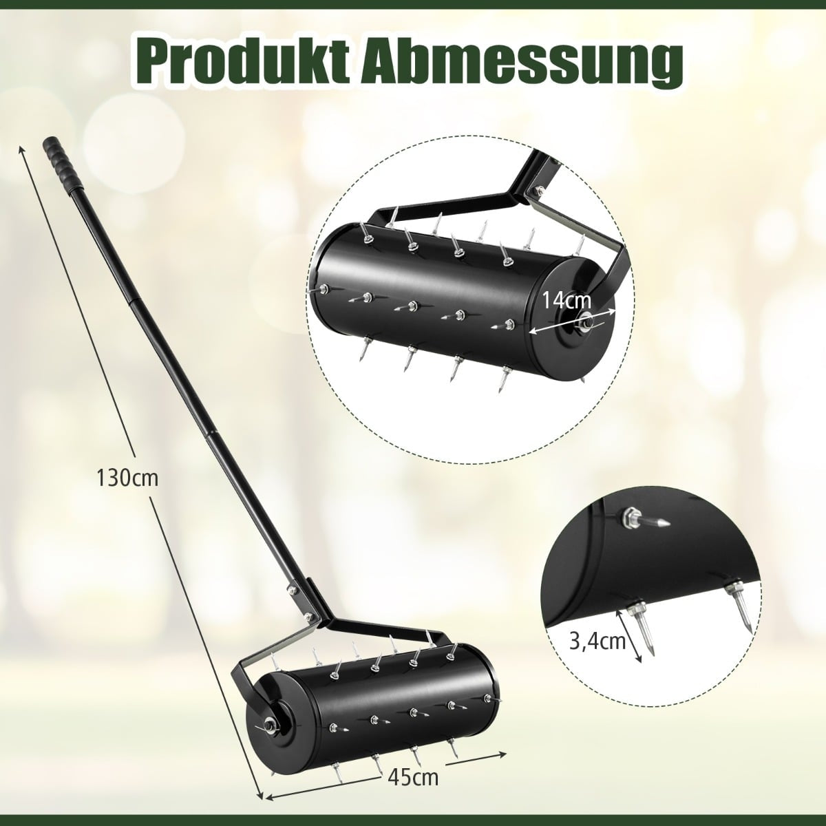 Lawn Aerator Roller with Handle & Spikes, 44 x 128 cm, Black