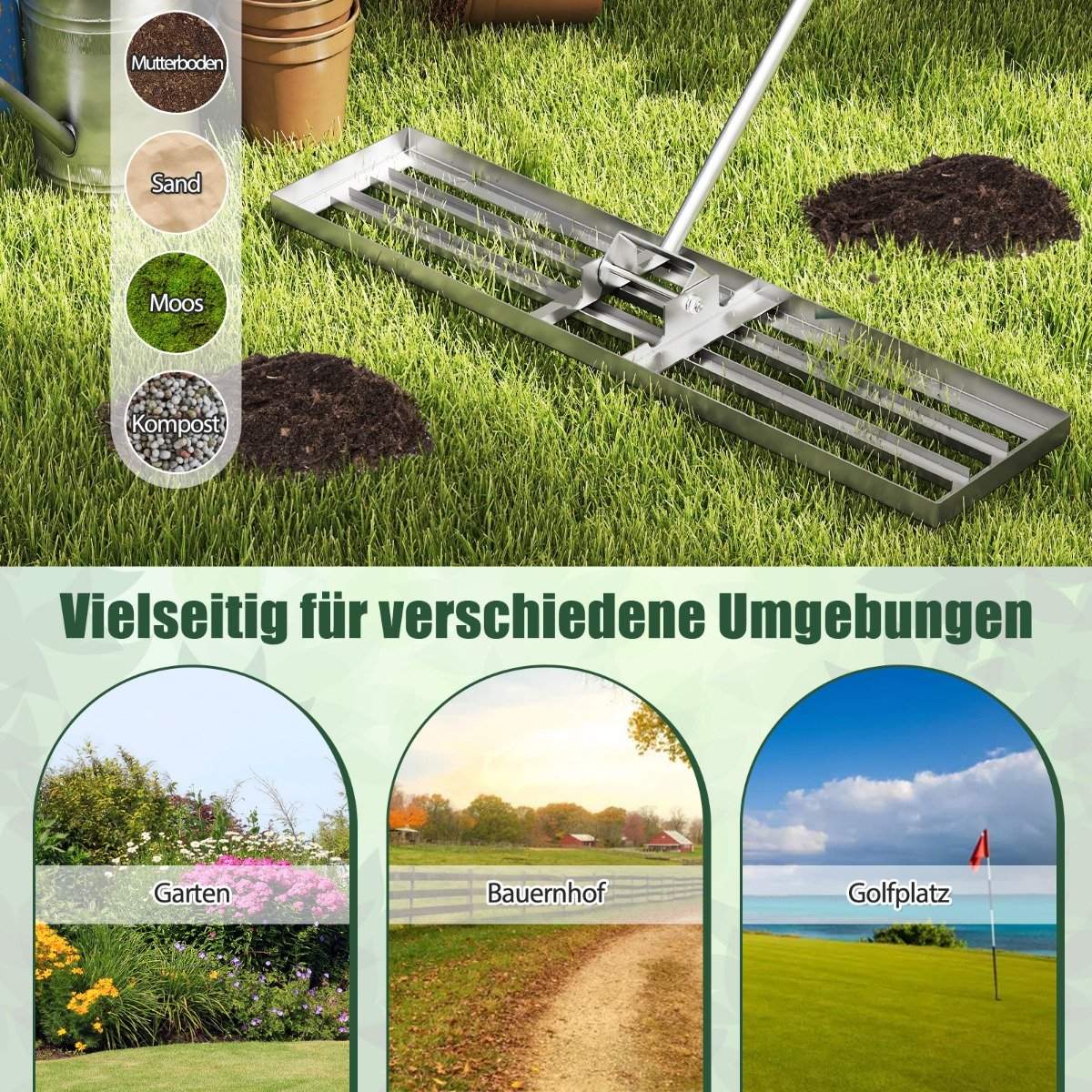 Lawn Leveling Rake with Ergonomic Handle, 106x25 cm