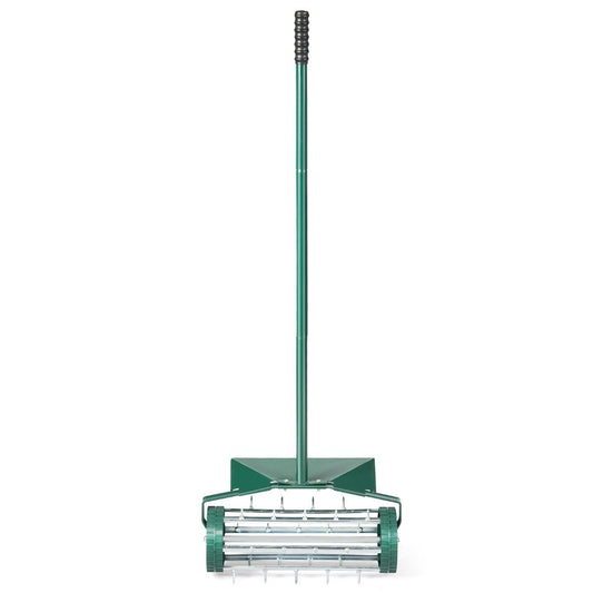 Lawn aerator roller lawn roller with handle & 3cm nails & splash guard 46 x 23 x 127 cm dark green and silver