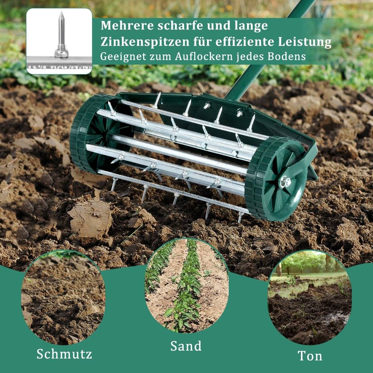 Lawn aerator roller lawn roller with handle & 3cm nails & splash guard 46 x 23 x 127 cm dark green and silver
