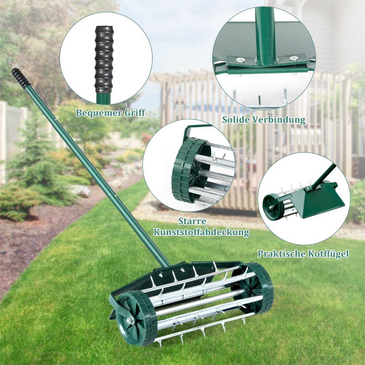 Lawn aerator roller lawn roller with handle & 3cm nails & splash guard 46 x 23 x 127 cm dark green and silver