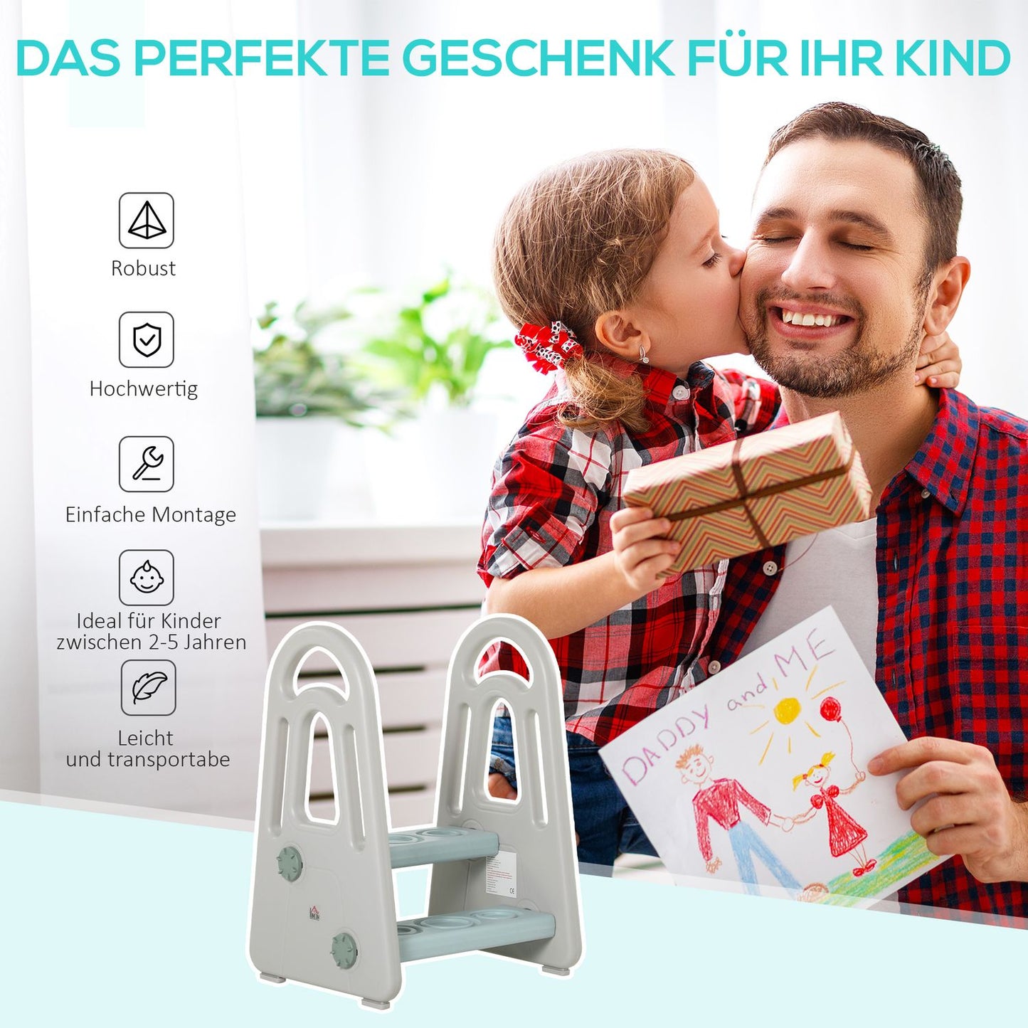 Step stool for children with safety features - blue/grey, 2 steps