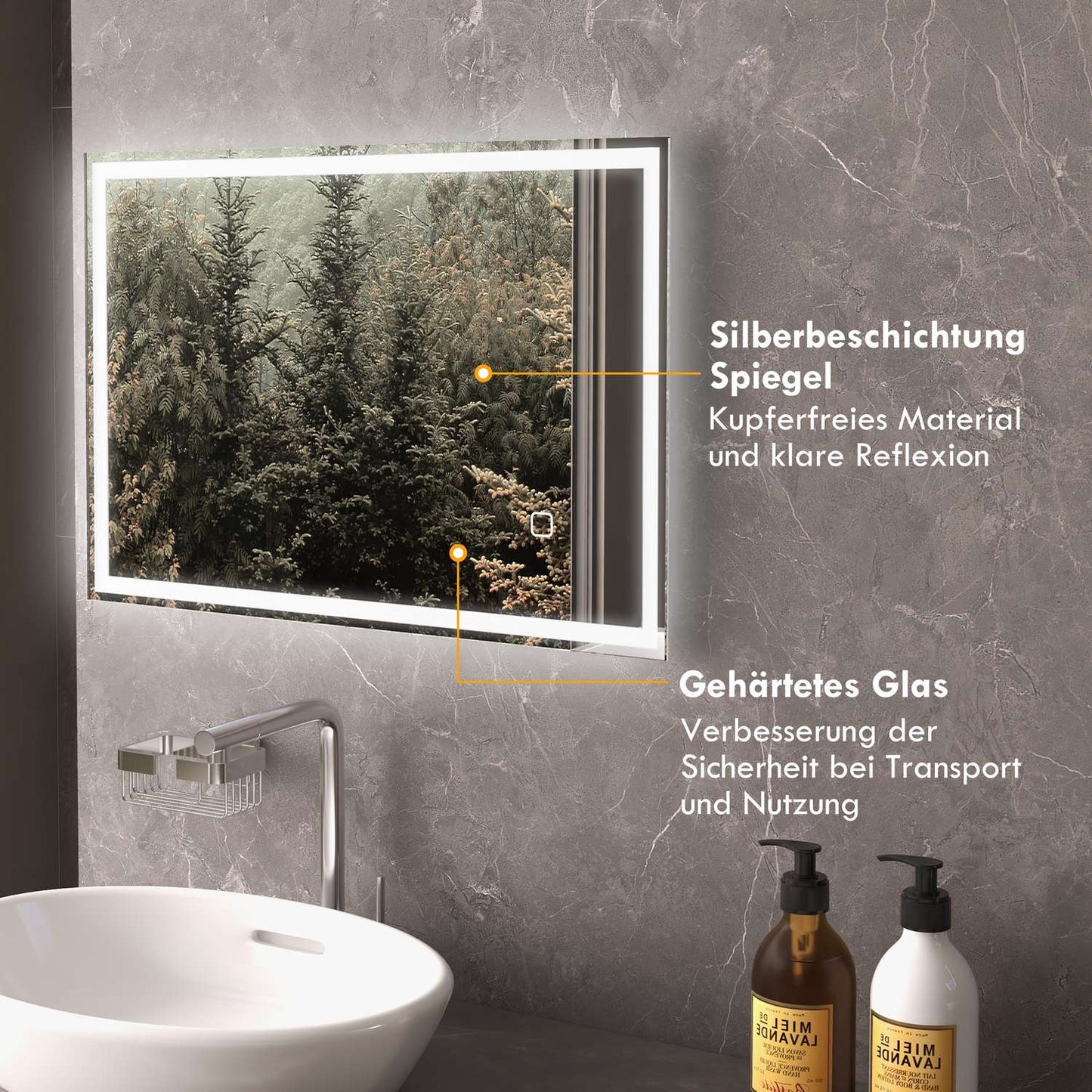 LED Bathroom mirror, 80x60cm, fog-free, Touch Switch
