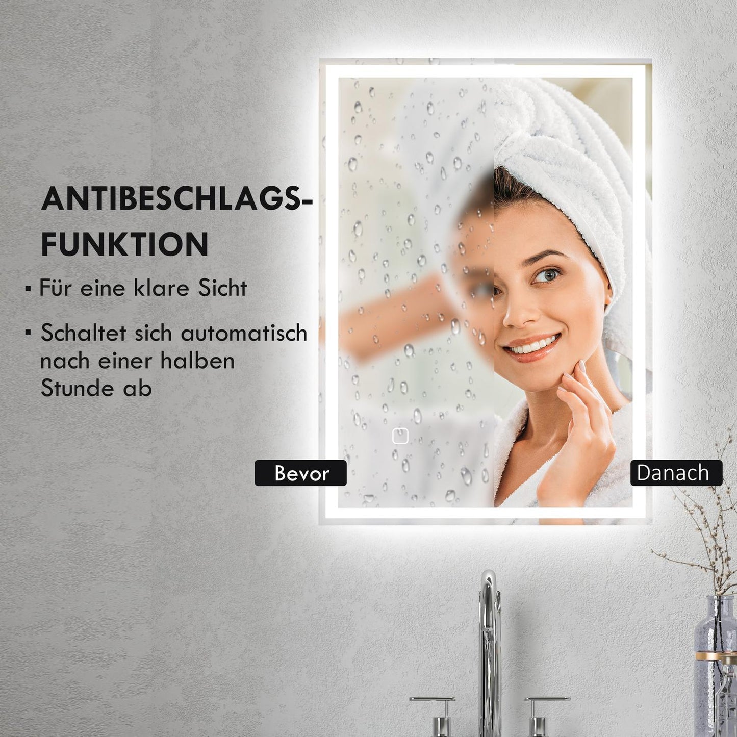 LED Bathroom mirror, 80x60cm, fog-free, Touch Switch