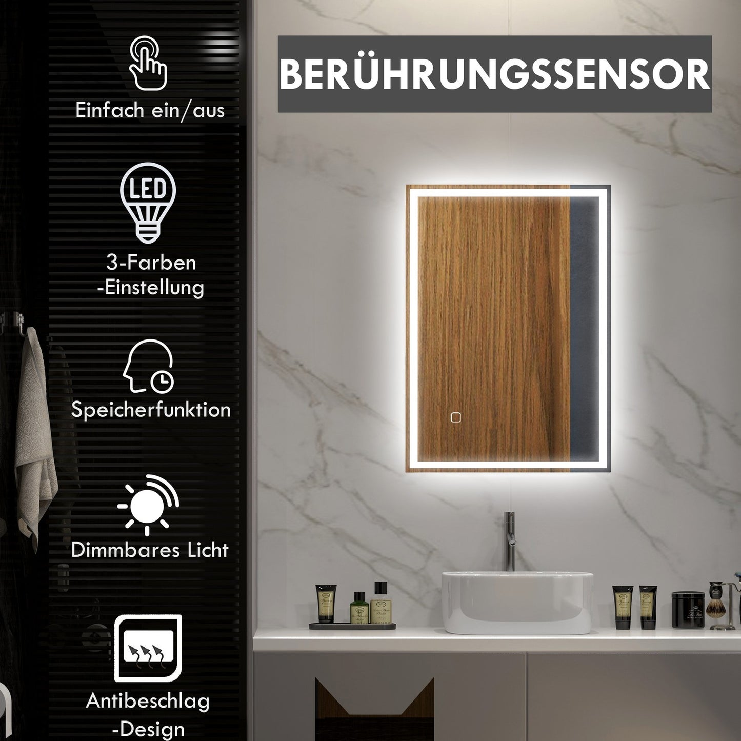 LED Bathroom mirror, 80x60cm, fog-free, Touch Switch