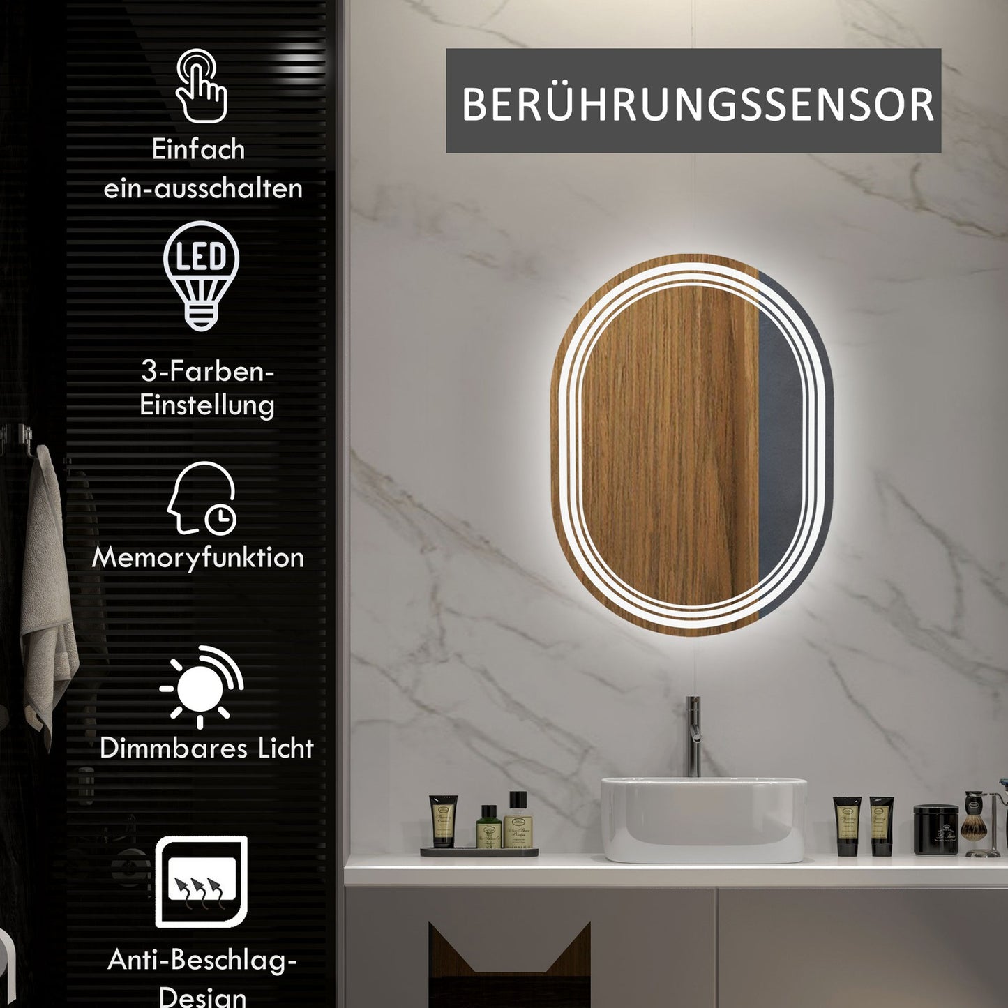 LED Bathroom Mirror with Touch Switch, 70x50cm, Anti-Fog