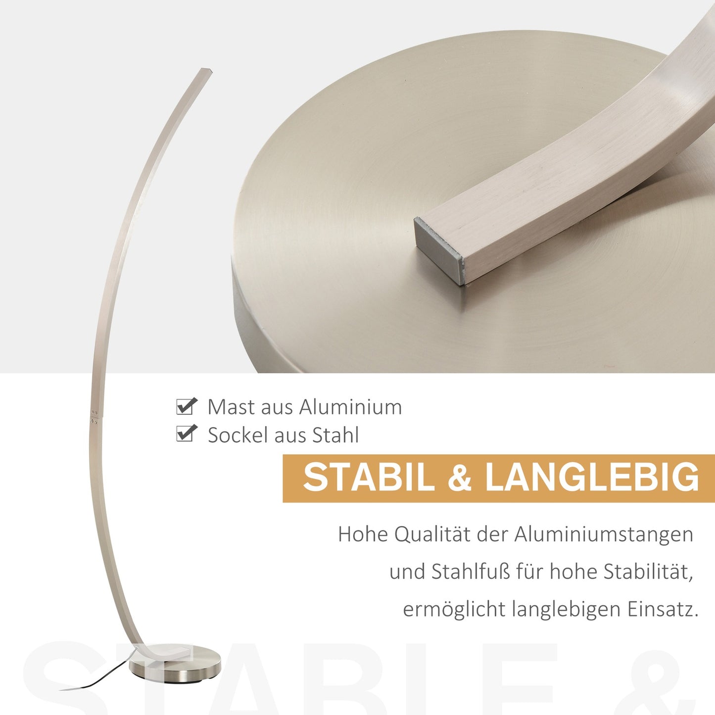 Curved LED floor lamp - warm white, aluminium, 149 cm