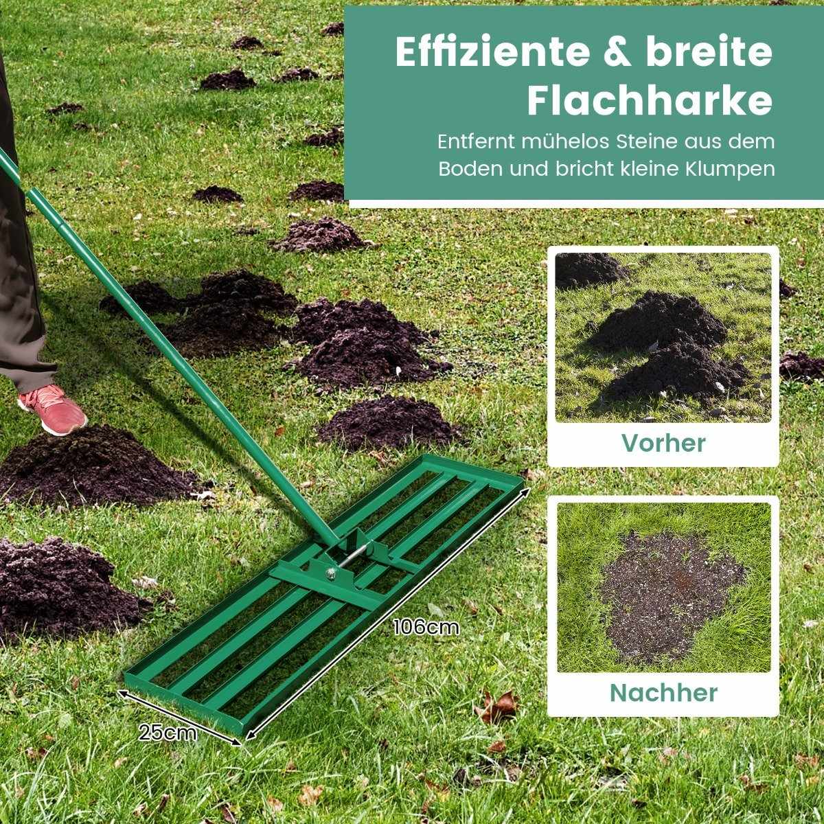 Leveling rake with ergonomic handle, robust lawn tool, leveling rake, surface leveler, 106 x 25 cm, green