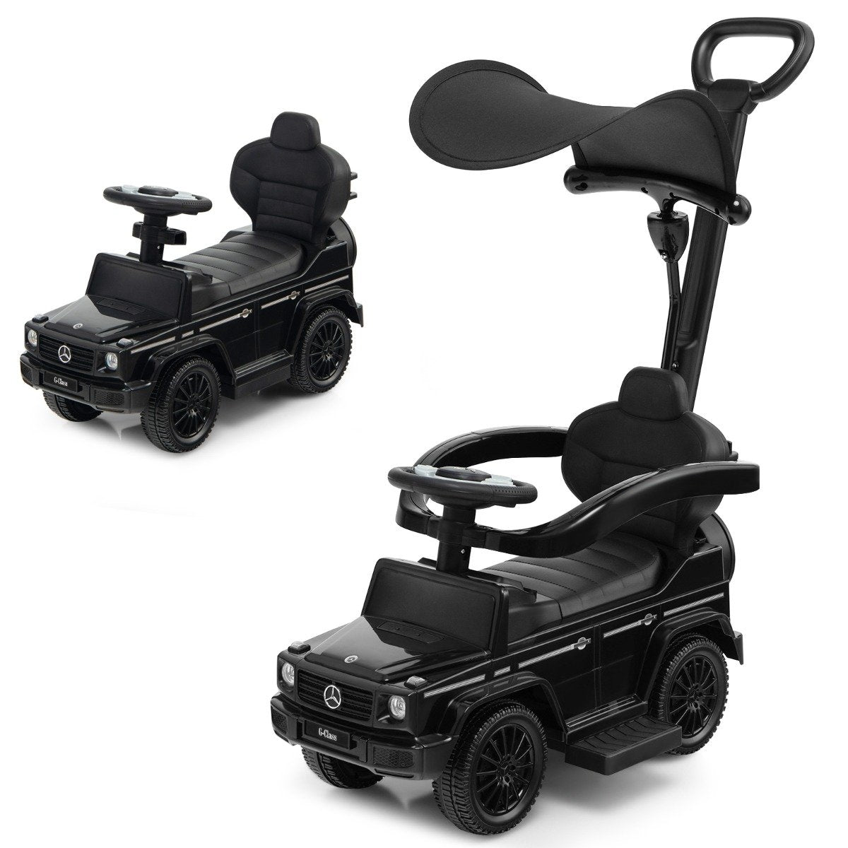 Licensed Mercedes Benz children's vehicle with adjustable sunroof &amp; Parent handle stroller black