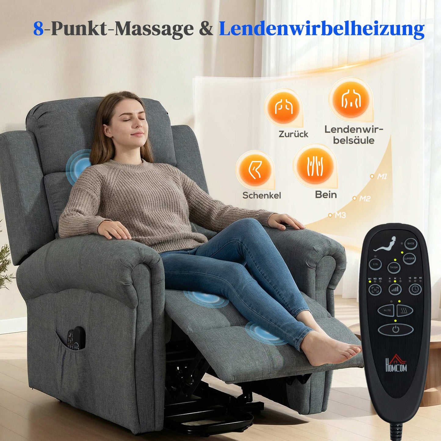 Lift Recliner Chair with Massage, Heat, Linen Look, Gray