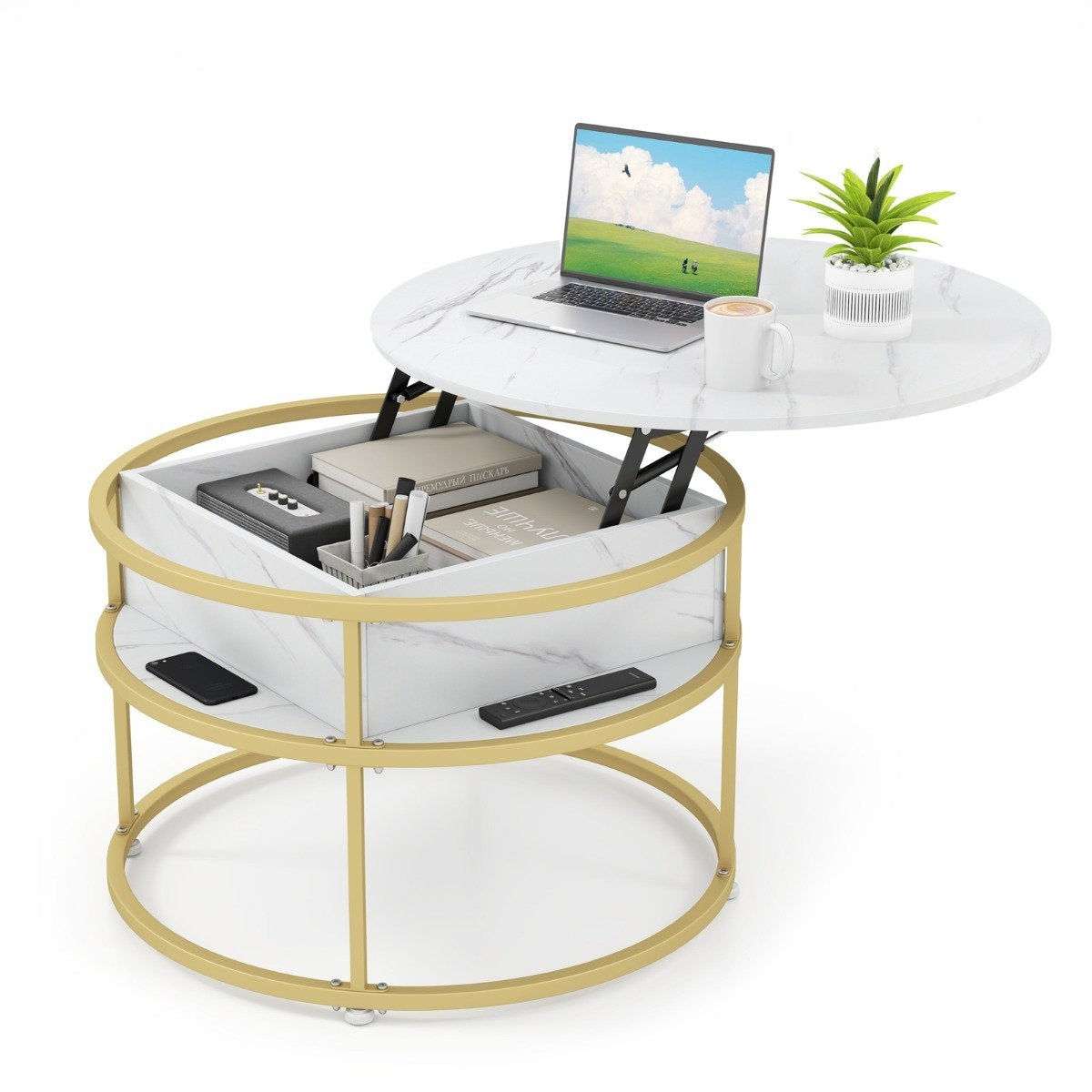 Lift-Top Coffee Table with Hidden Storage, Adjustable Height