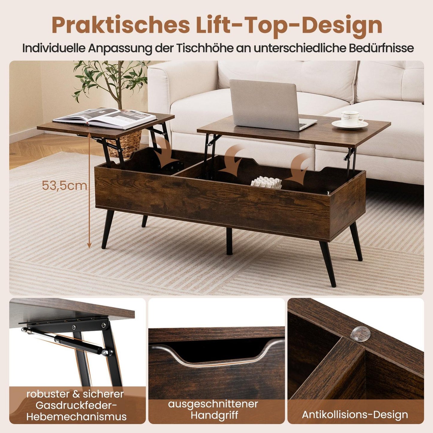 Lift-Top Coffee Table with Hidden Storage, Adjustable Height