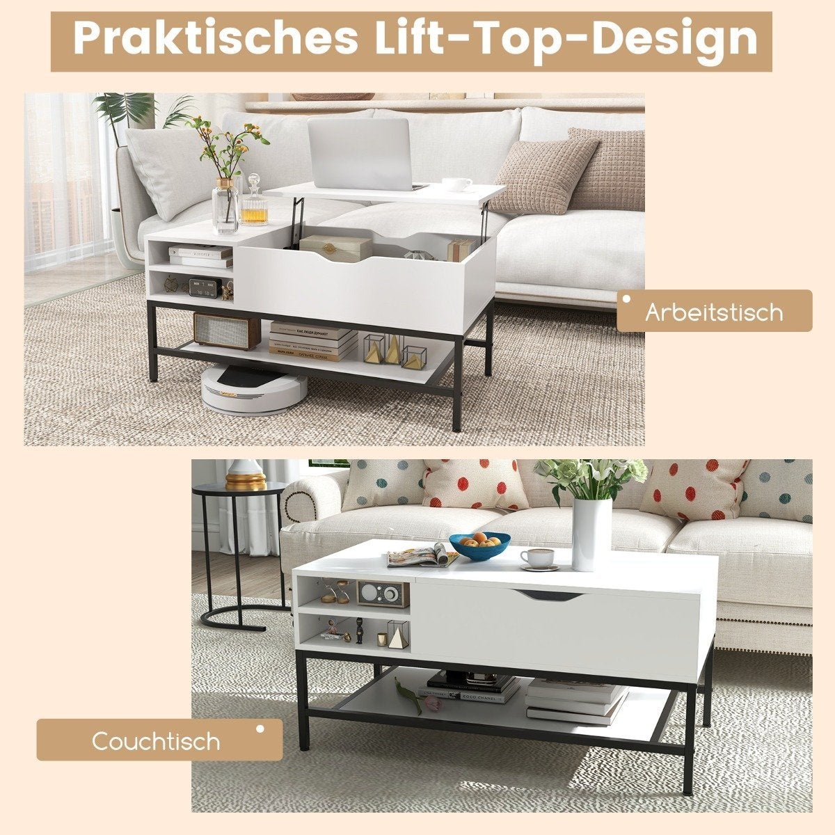 Lift-Top Coffee Table with Hidden Storage, White