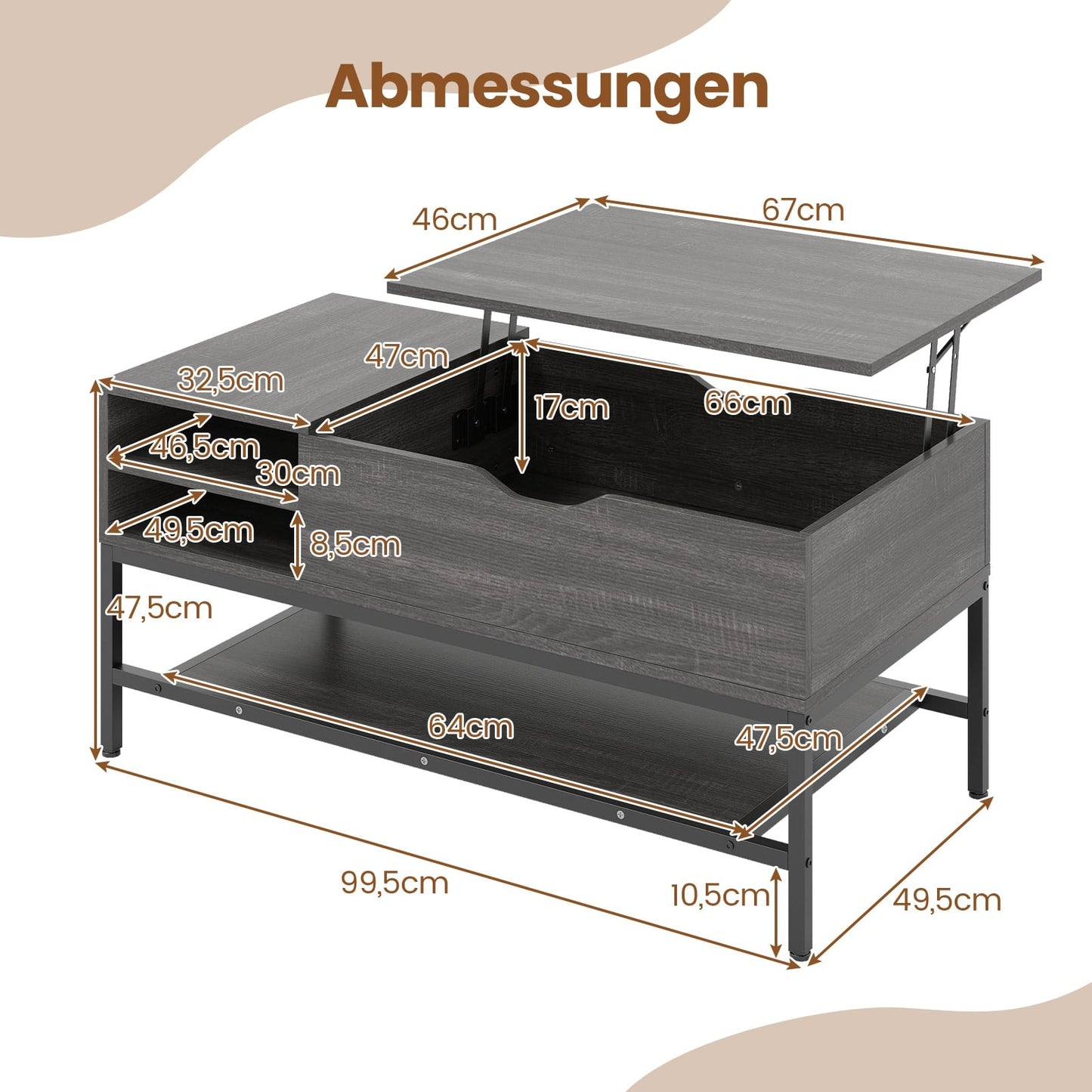 Lift-Top Coffee Table with Storage, Adjustable Height, Gray