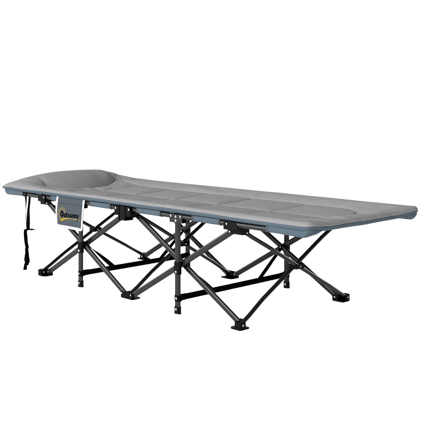 Light gray folding camping bed with mattress and pillow, 150 kg capacity