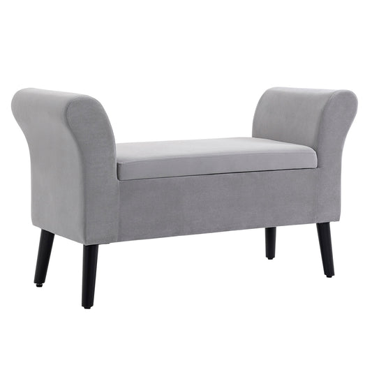 Light gray velvet upholstered bench with storage - modern design