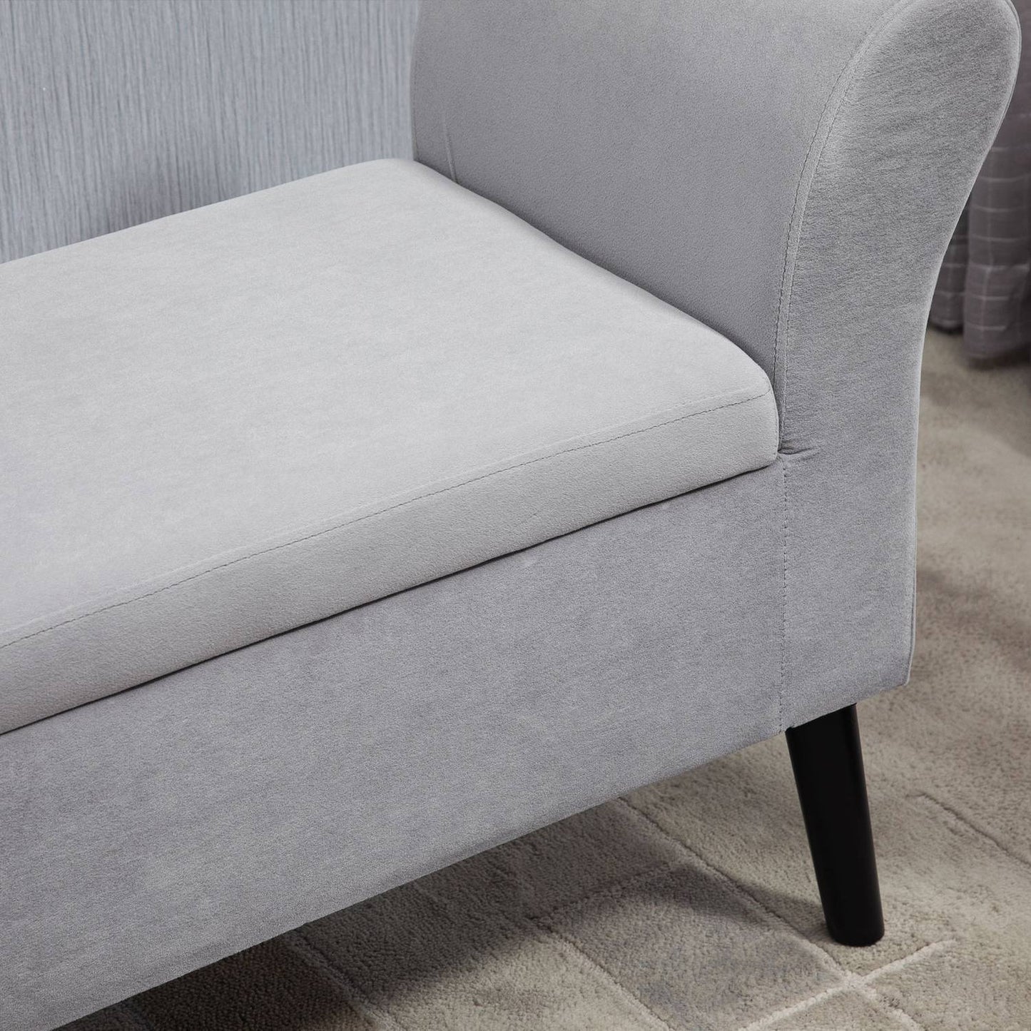 Light gray velvet upholstered bench with storage - modern design