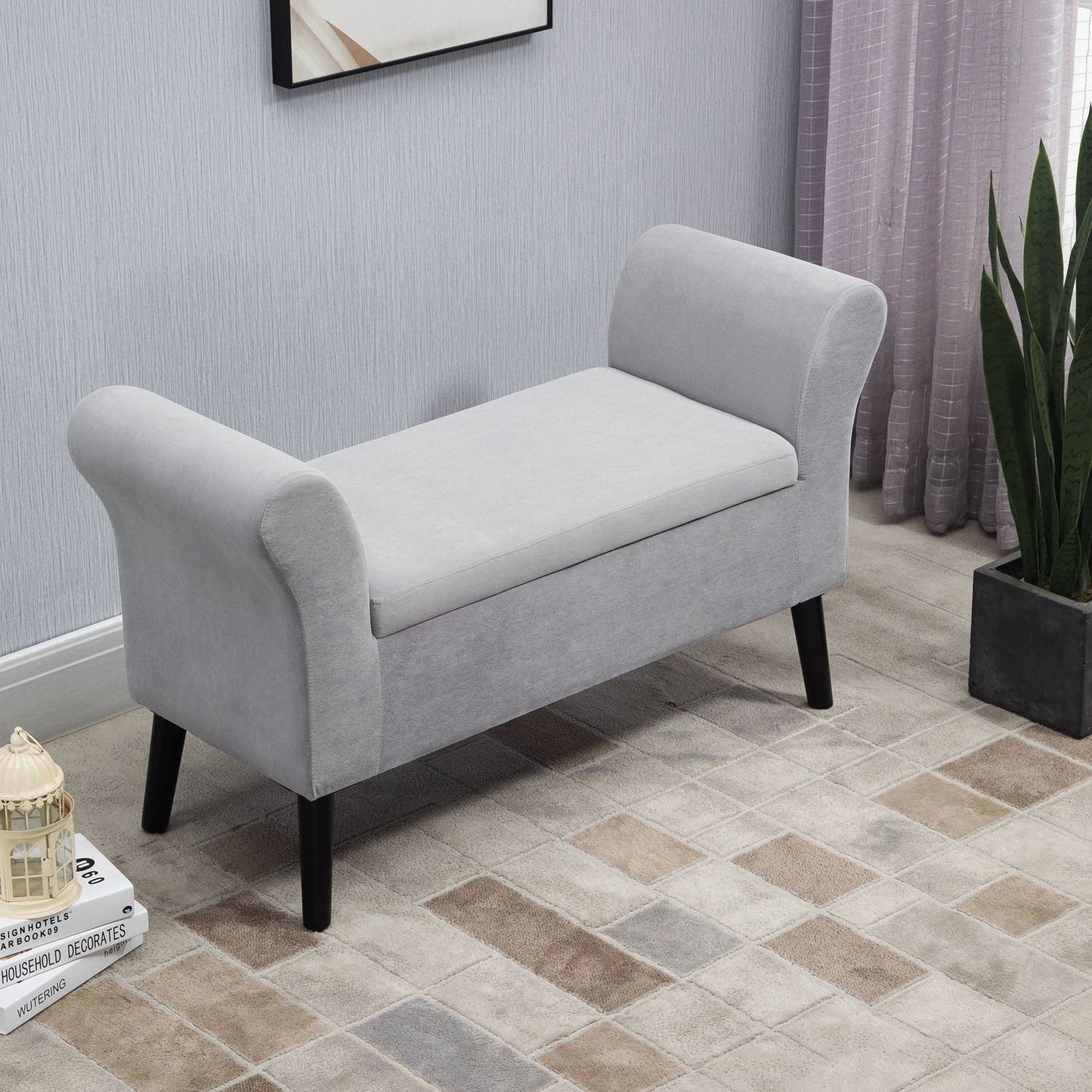 Light gray velvet upholstered bench with storage - modern design