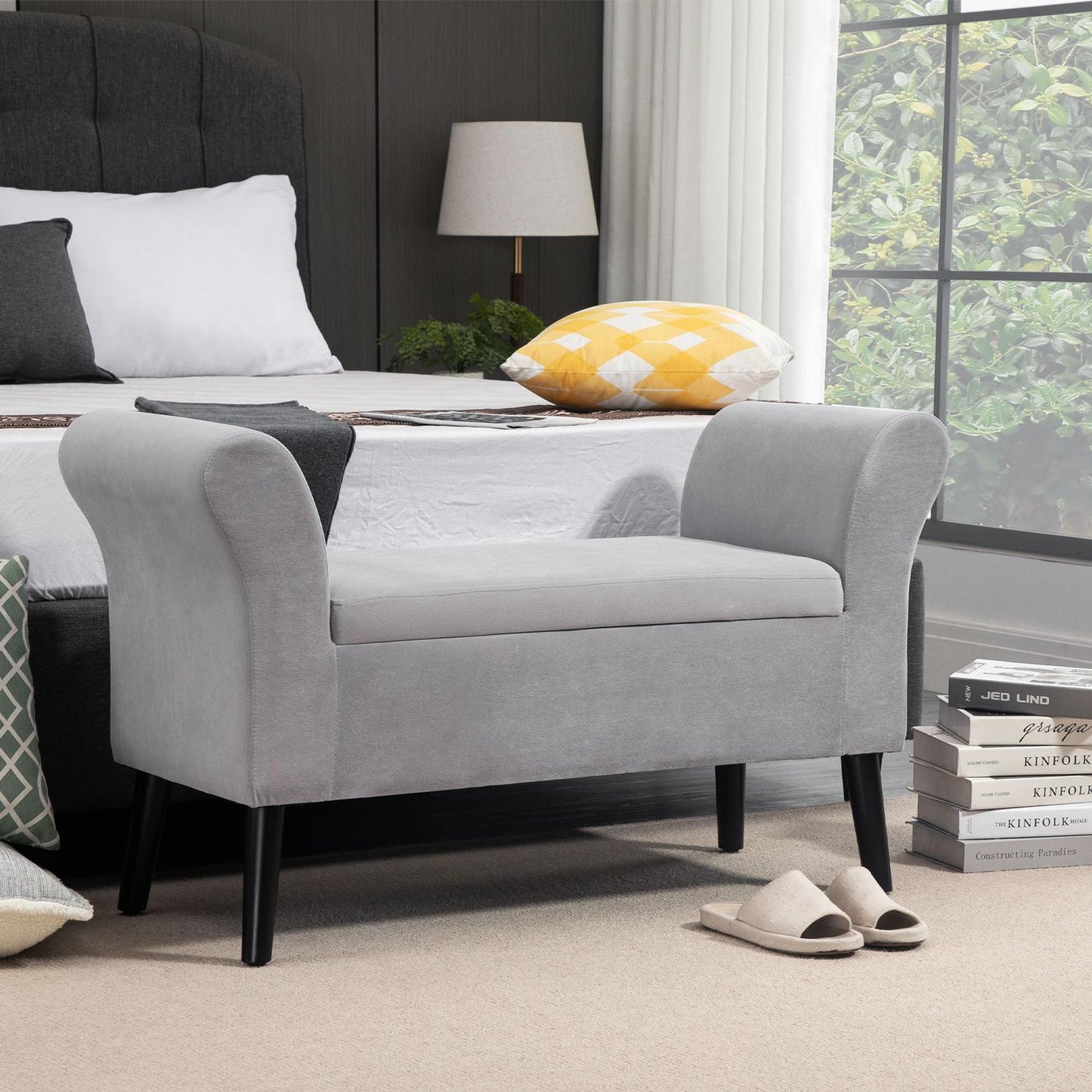 Light gray velvet upholstered bench with storage - modern design