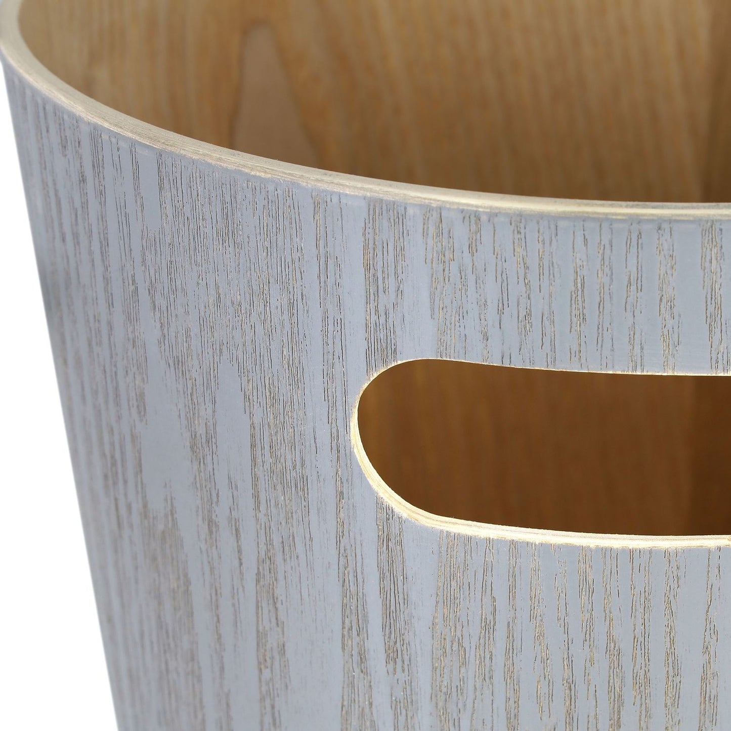 Light gray wooden wastebasket