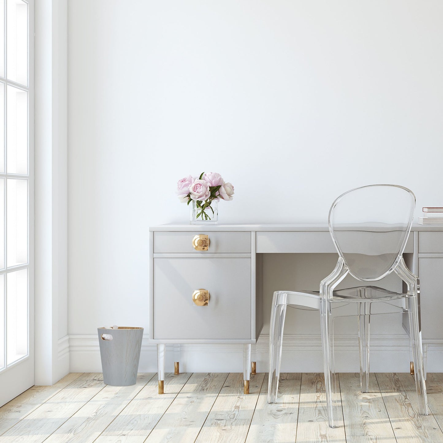 Light gray wooden wastebasket