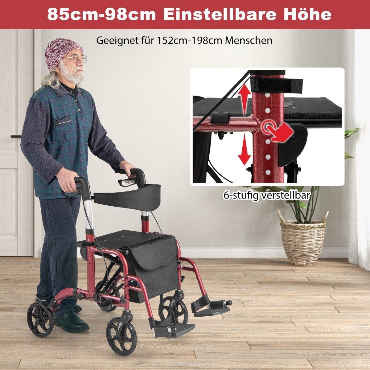 Lightweight Foldable Rollator & Wheelchair 2-in-1, Red